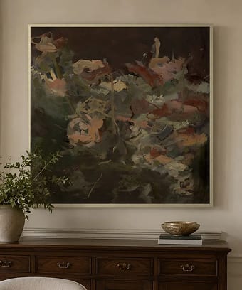 Large abstract floral painting above a dark wood console